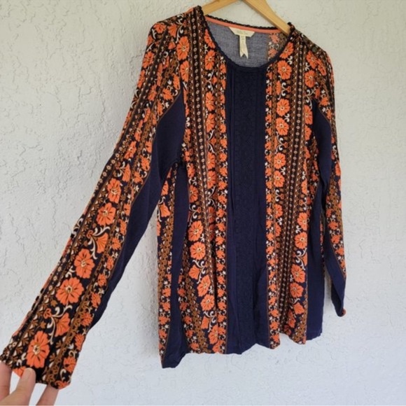 Matilda Jane Bohemian Orange and Navy Patterned Crochet Blouse Size Medium - Picture 6 of 11